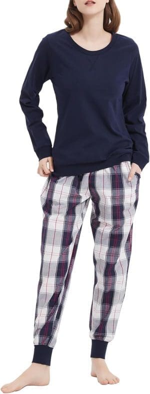 Mnemo Schlafanzug Damen 100% Baumwolle Bequemer Pyjama Damen Baumwolle mit Karomuster