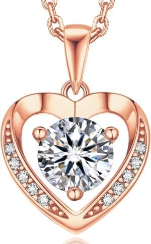 MomentWish Damen Halskette 925 Silber, 1 Karat Moissanit Kette Roségold Schmuck Damen Herz Silberkette mit Anhänger Geschenkbox Valentinstag Liebesgeschenk für Frauen Freundin