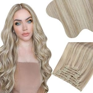 Moresoo Clip in Extensions Echthaar 150g Blond Clip in Echthaar Haarverlängerung für Komplette Kopf Haare Extension Echthaar Clip 55cm #18/613