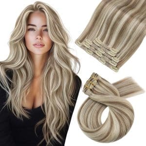 Moresoo Clip in Extensions Echthaar Remy Echthaar Extensions Clip 35cm Hellbraun mit Platinblond Haarverlängerung Echthaar Clip Doppelt Tressen 120g 7St