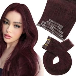 Moresoo Clip in Extensions Echthaar Rot Remy Extensions EchthaarClip in Weinrot Doppelt Tressen Weinrot Haarteile Echthaar Clips Voller Kopf 5 Tressen 70g 35cm #99J