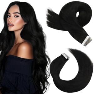 Moresoo Tape Extensions Echthaar Schwarz Echthaar Extensions Tape 40cm Glatt Remy Tape in Extensions Echthaar Haarverlängerung 50g 20Stk