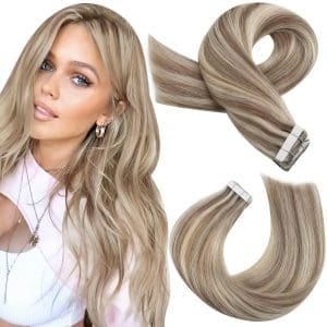 Moresoo Unsichtbare Tape in Extensions Blond Haarverlängerung Tapes Klebestreifen Extensions Hellbraun mit Platinblond Extensions Tape in Echthaar Klebe Extensions 55 cm 20 Stück 50g/Pack #P9A/60