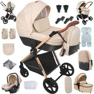 NADDLILY Kinderwagen 4 in 1, Buggy mit umkehrbarem Zwei-Wege-Schub, Kinderwagen mit faltbarem tragbarem One-Click-Design, Kinderwagen 4 in 1 Komplettset mit Zubehör Hohe Landschaft (H2 Yellowish)