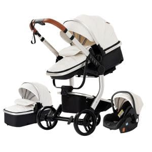 NADDLILY PU-Leder Kinderwagen 3 in 1, Buggy mit umkehrbarem Zwei-Wege-Schub, Kinderwagen Faltbarem Tragbarem One-Click-Design, Kinderwagen 3 in 1 Komplettset mit Zubehör Hohe Landschaft (518 White)