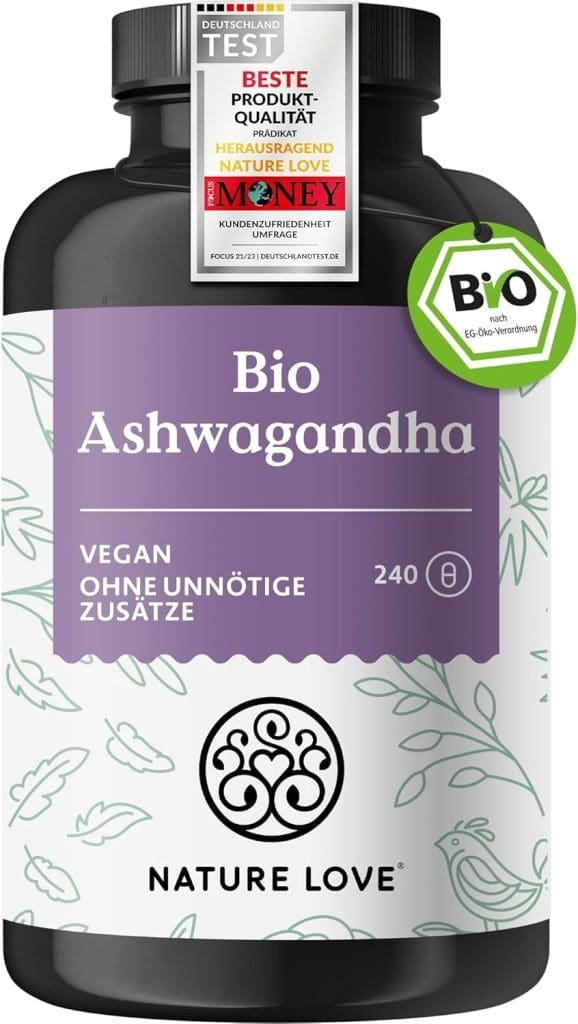 NATURE LOVE® Bio Ashwagandha - 240 Kapseln - Hochdosiert mit 1950mg je Tagesdosis - Hochwertige indische Schlafbeeren - Laborgeprüft, vegan, in Deutschland produziert