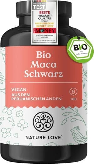 NATURE LOVE® Bio Maca Kapseln (schwarz) - 3000 mg je Tagesdosis - 180 Kapseln - Mit natürlichem Vitamin C - Ohne Magnesiumstearat, Zertifiziert Bio, hochdosiert, vegan, in Deutschland produziert