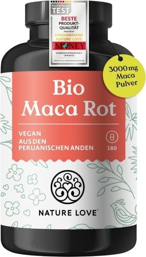 NATURE LOVE® Bio Maca Rot - 180 Kapseln - 3000mg pro Tagesdosis (entspricht 12.000mg Maca Wurzel) - Mit natürlichem Vitamin C - Zertifiziert Bio, hochdosiert, vegan, in Deutschland produziert