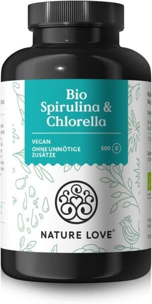 NATURE LOVE® Bio Spirulina + Bio Chlorella - je 3000mg Spirulina & Chlorella pro Tagesdosis - 500 Tabletten - Ohne Zusätze und Bio zertifiziert - Hochdosiert, laborgeprüft und vegan