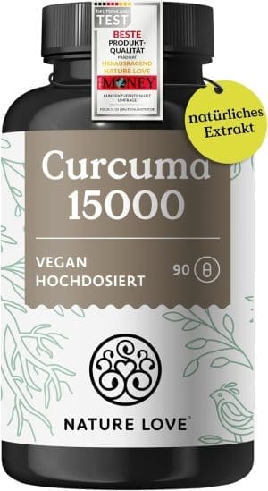 NATURE LOVE® Curcuma 15000 15000mg - 90 Kurkuma Kapseln - hochdosiert 95% Curcumin pro Kapsel - mit schwarzem Pfeffer - vegan, laborgeprüft & in Deutschland produziert