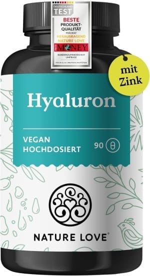 NATURE LOVE® Hyaluron Kapseln mit Zink – Hochdosiert mit 500 mg – für Haut, Haare & Nägel – 90 Hyaluronsäure Kapseln – Vegan, Laborgeprüft, ohne Zusätze & in Deutschland produziert