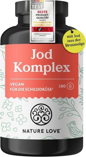 NATURE LOVE® Jod Komplex für die Schilddrüse – 180 Kapseln – mit Jod, Selen, L-Tyrosin, Vitamin B & D – Alternative zu Jod Tabletten – 6 Monate Reichweite – hochdosiert, vegan & laborgeprüft