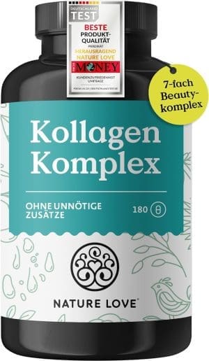 NATURE LOVE® Kollagen Komplex – 180 Kapseln – mit Hyaluron, Biotin, Selen, Zink, Vitamin C aus Acerola & Silicium aus Bambusextrakt – Collagen hochdosiert – laborgeprüft und in Deutschland produziert