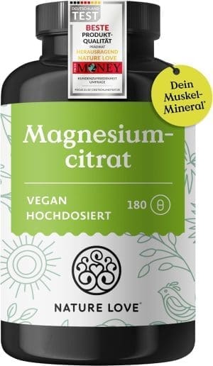 NATURE LOVE® Magnesiumcitrat – 2.320 mg Magnesiumcitrat (davon 360 mg elementares Magnesium) – 180 Kapseln – hochdosiert, laborgeprüft, ohne Zusätze, vegan & in Deutschland produziert