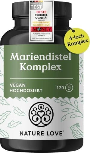 NATURE LOVE® Mariendistel, Artischockenextrakt, Löwenzahn & Desmodium 4-fach Komplex – 120 vegane Kapseln – Hochdosiert mit 80% Silymarin – Laborgerprüft, hochdosiert, in Deutschland produziert