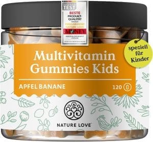 NATURE LOVE® Multivitamin Gummies Kids – 120 Stück – ohne Zuckerzusatz – Mit Vitamin A, B1, B3, B6, B7 (Biotin), B12, E und Jod – Vitamine für Kinder als Gummibärchen – vegan und laborgeprüft