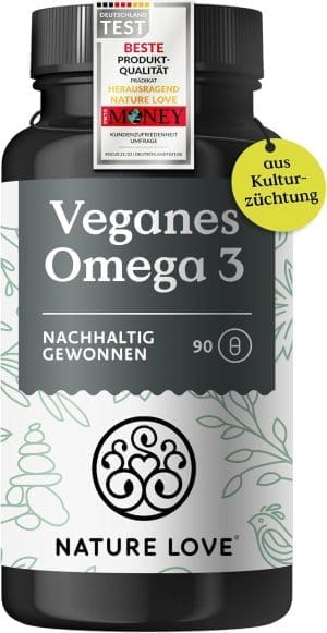 NATURE LOVE® Omega 3 vegan – hochdosiert mit 1.444 mg Algenöl pro Tagesdosis – 90 Kapseln – nachhaltig, laborgeprüft, produziert in Deutschland