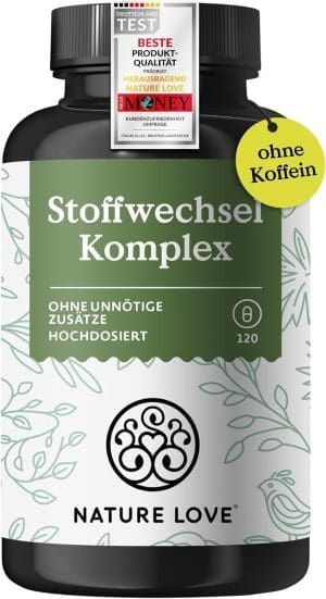 NATURE LOVE® Stoffwechsel Komplex – 120 Kapseln – Grünteeextrakt, Zink, Chrom, Vitamin B6, Cayennepfeffer und Cholin – hochdosiert, vegan