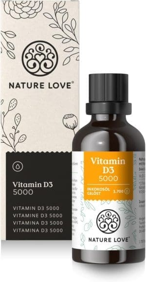 NATURE LOVE® Vitamin D3 5000 (50ml flüssig) - Laborgeprüfte 5000 IE pro Tropfen - in MCT-Öl aus Kokos - Vitamin D hochdosiert - hoch bioverfügbar, sehr hohe Stabilität - in Deutschland produziert