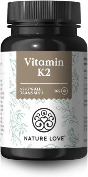 NATURE LOVE® Vitamin K2 hochdosiert - Premiumrohstoff MK7-365 Tabletten - all-trans Gehalt >99,7% MK-7 Menachinon - vegan, laborgeprüft und in Deutschland produziert