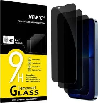 NEW'C 3 STÜCK, Sichtschmutz Panzer Schutz Glas für iPhone 13 Pro Max/iPhone 14 Plus (6,7 Zoll), Ausgewogener 35-Grad-Schmutzwinkel-Mit-Auzenschneitz, Ultra-Haltbare 9H Härte, Blasenfrei