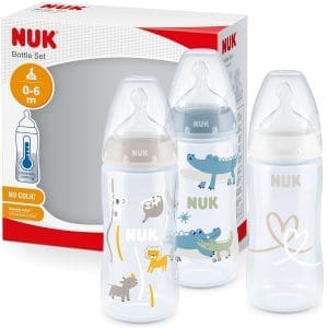 NUK First Choice+ Babyflasche im Set | 0–6 Monate | Temperaturkontrollanzeige | 300 ml | Anti-Kolik-Ventil | BPA-frei | Trinksauger aus Silikon | 3 Stück | Safari