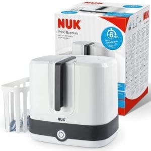 NUK Vario Express Flaschensterilisator|sterilisiert bis zu 6 Babyflaschen plus Zubehör in 6 Minuten auf Wasserdampfbasis|automatische Abschaltung|herausnehmbarer Korb & versetzbare Stäbe | EU-Stecker