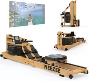 Neezee Wasser Rudergerät für Zuhause, Klappbares Rudergerät aus Massivholz, Rudermaschine mit Bluetooth-Anzeige und Tablet-Halterung, Max 200kg Belastbar, Kompatibel mit Kinomap APP