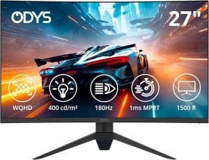 ODYS Q27 PRO-X – Gebogener Gaming-Monitor 27 Zoll (69 cm), 180 Hz, WQHD (2.560 x 1.440 Pixel), 1 ms Reaktionszeit (MPRT), HDR, 1500R, FreeSync/G-Sync kompatibel, Eye Care, HDMI , Display-Anschluss, 3,5-mm-Audio