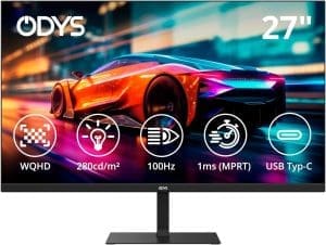 ODYS i27-Q-100-27 Zoll (69 cm) Office & Gaming Monitor (WQHD, 2.560x1.440 Pixel, 100 Hz, 1 ms Reaktionszeit (MPRT), IPS Panel, FreeSync, HDMI, Display Port, USB-C ( PC-Modus), Kopfhöreranschluss)