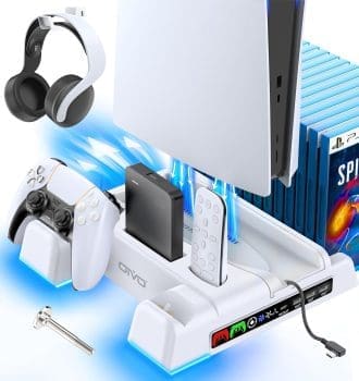 OIVO PS5/PS5 Slim Ständer mit 3 stufigem Lüfter, PS5 Standfuß mit 4 USB Ports/Controller Ladestation/Remote Steckplatz/14 Spiele Aufbewahrung für PS5 Zubehör (Nicht für PS5 PRO)