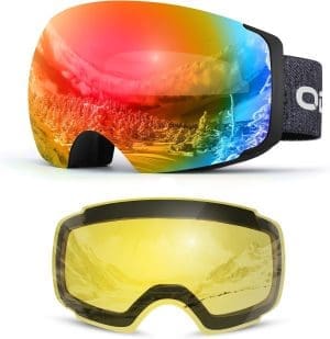 Odoland Skibrille Unisex für Herren und Damen Jungen Rahmenlose Snowboardbrille mit magnetischem Wechselglas UV-Schutz Anti-Nebel Schneebrille Helmkompatible Skibrille zum Skifahren