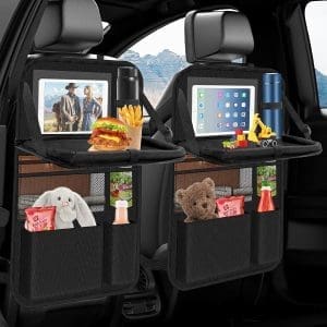 Oneyus Auto-Organizer, 2 Stück, Autositz-Organizer, großer Rückenlehnenschutz, Auto, Kinder, multifunktional, wasserdicht, Rücksitz-Organizer mit Klapptisch, Tablet-Tasche und vielen Taschen, Schwarz