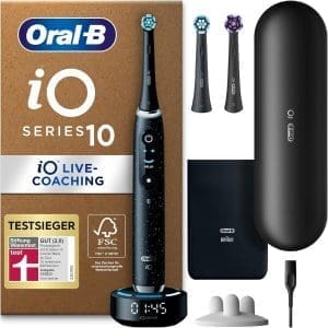 Oral-B iO Series 10 Plus Edition Elektrische Zahnbürste, 3 Ersatz-Zahnbürstenköpfe, Etui, 7 Modi, entworfen von Braun, Geschenk für Männer/Frauen, Schwarz