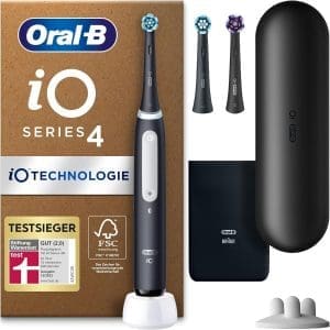 Oral-B iO Series 4 Plus Edition Elektrische Zahnbürste, plus 3 Ersatz-Zahnbürstenköpfe, Magnetgehäuse, 4 Reinigungsmodi, mattschwarz, entworfen von Braun, Testsieger Stiftung Warentest (12/2023)