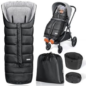 Orzbow Fußsack für Kinderwagen Winter, langer Fußsack Buggy mit Reißverschluss und Kapuze, wasserdichter Fußsack Kinderwagen Baby mit verstellbarer Länge, universell und rutschfest, warm, 97 x 44 cm / 117 x 44 cm, Schwarz