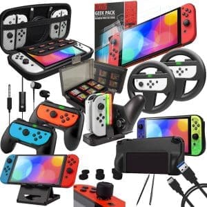 Orzly Switch-Zubehörpaket Geek Pack für Nintendo Switch: Hülle und Displayschutzfolie, Joycon-Griffe und Rennräder, Switch-Tablet- und Controller-Ladedocks und mehr (15in1), Schwarz