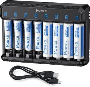 POWXS Akku Ladegerät für Lithium NiMH NICD AA AAA Akkus 8-Fach Schnellladegeräte mit 4 x 2800 mAh wiederaufladbare AA Batterien & 4 x 1100 mAh AAA Ni-MH Batterien Batterieladegerät