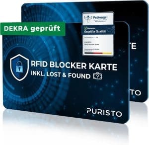 PURISTO® RFID Blocker Karte (2er Set) - DEKRA geprüft - 2in1 inkl. Lost & Found Service – NFC-Schutz für Kreditkarten, EC-Karten & Ausweise – Ultradünner Datenblocker – Portemonnaie RFID-Blocker