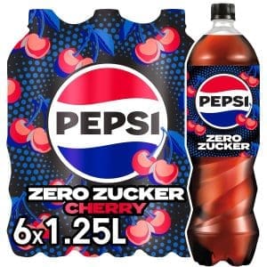 Pepsi Zero Zucker Cherry, Das zuckerfreie Erfrischungsgetränk von Pepsi ohne Kalorien, Koffeinhaltige Cola mit Kirschgeschmack in der Flasche, EINWEG (6 x 1,25 l)