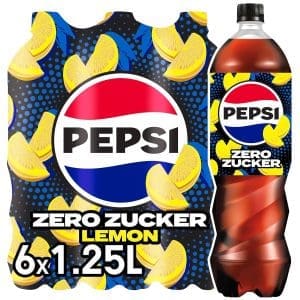 Pepsi Zero Zucker Zitrone, Das Zuckerfreie Erfrischungsgetratränk von Pepsi one Kalorien, Koffeinhaltze Cola Mit Zitronenge -Schapp in der Flasche, Einweg (6 x 1,25 l)