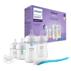 Philips Avent Babyflaschen mit AirFree Ventil, Geschenkset für Neugeborene – 4 Babyflaschen, ultraweicher Schnuller und Flaschenbürste, Babys von 0–12 Monaten und älter (Modell SCD657/11)