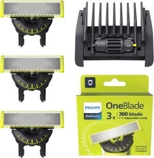 Philips OneBlade 360 ​​Klingen – 3x 360-Ersatzklingen, 1x einstellbarer 5-in-1-Kammaufsatz zum Trimmen, Stylen und Rasieren, QP437/50