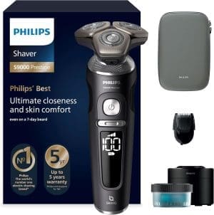 Philips Rasierer S9000 Prestige - Elektrischer Nass- und Trockenrasierer, Schwarz matt, Lift & Cut-Rasiersystem, SkinIQ-Technologie, Bartstyler, Reinigungsstation & Premium-Etui (Modell SP9840/31)