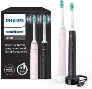 Philips Sonicare 3100 Elektrische Zahnbürste, Schallzahnbürste, AndruckKontrolle und Timer, Zuckerrose und Schwarz, Zweierpack, Modell HX3675/15