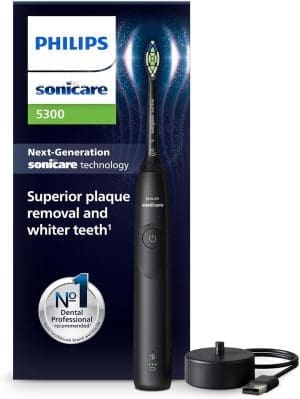 Philips Sonicare 5300 elektrische Zahnbürste, Schallzahnbürste mit 2 Intensitätsstufen, Andruckkontrolle, EasyStart, Smartimer und BrushPacer, Schwarz, Modell HX7101/01