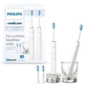 Philips Sonicare DiamondClean 9000 Elektrische Zahnbürste, Doppelpackung, Zahnbürste mit Schalltechnologie einschließlich App, Drucksensor, 4 Reinigungsmodi, 3 Intensitätsniveaus, Ladeglas, Weiß, Modell