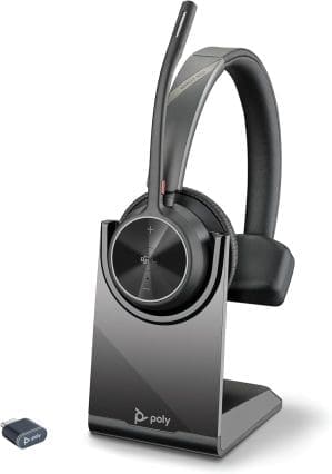 Poly Voyager 4310, schnurloses UC-Headset und Ladestation – Ein-Ohr-Bluetooth-Headset mit Noise Cancelling-Mikrofonarm – Verbindung mit PC/Mac/Mobiltelefon – Kompatibel mit Teams (zertifiziert), Zoom