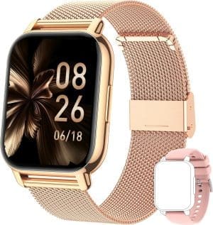 Popglory Smartwatch für Damen, mit Anrufen und Sprachassistent, 1,85 Zoll, 2 Bänder, Aktivitätsarmband, Blutdruck, Blutsauerstoff, Geschenk für Männer, Android