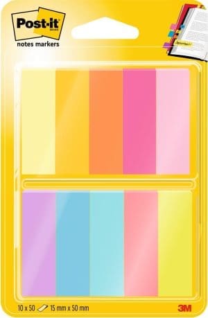 Post-it Notes Marker, Packung mit 10 Blöcken, 50 Marker pro Block, 12, 7 mm x 44, 4 mm, Gelb, Orange, Pink, Lila, Blau, Grün - Schmale Haftnotizen zum Markieren, Hervorheben oder Farbcodieren